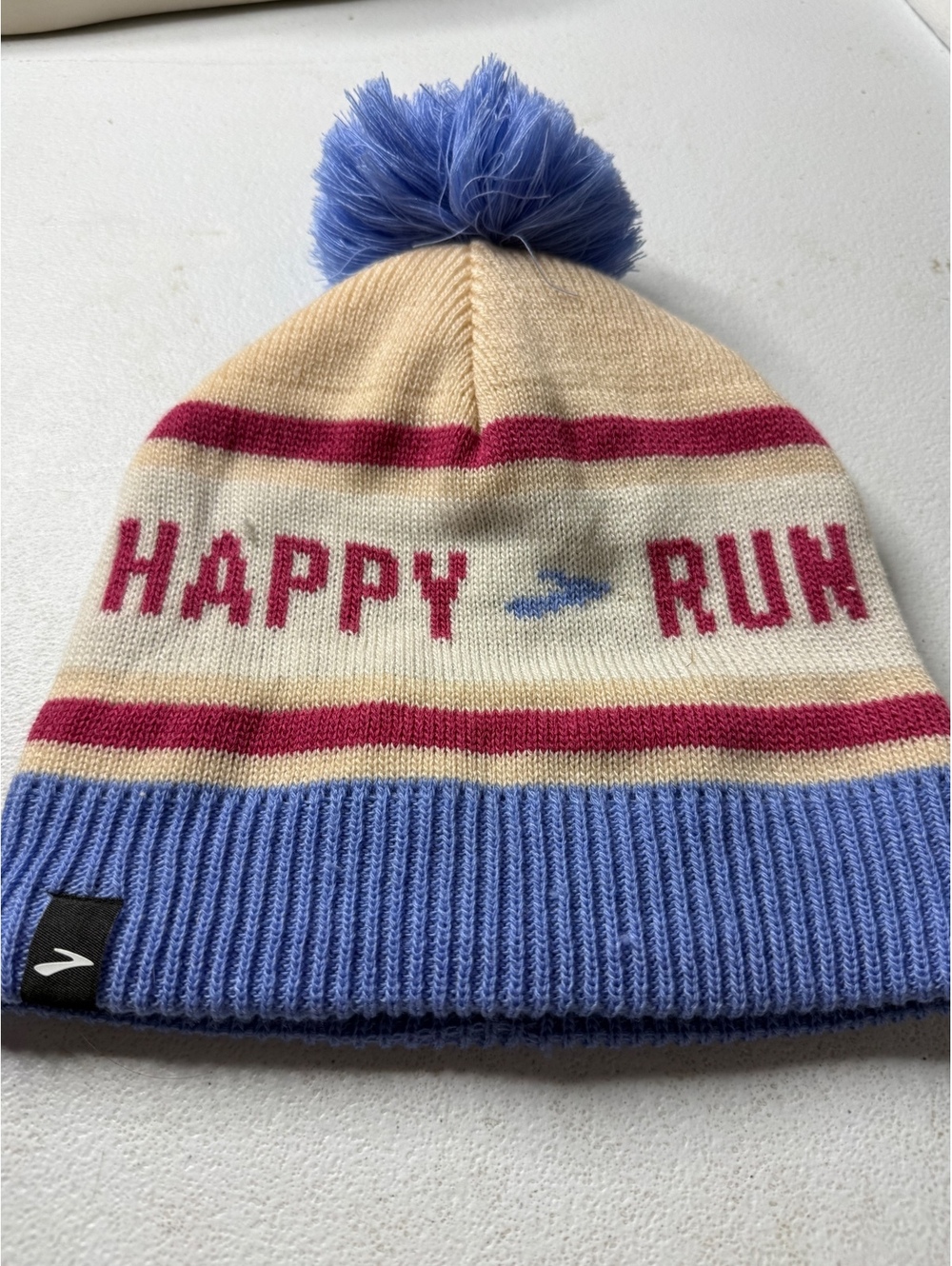 Brooks Happy Run Knit Beanie Hat with Pom Pom, Blue and Beige